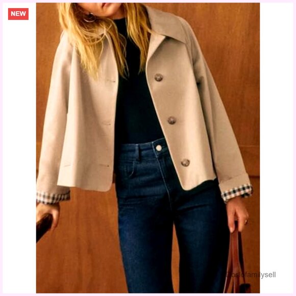 Oversized Trench Coat Casual Cropped Jacket with Plaid Lining and Pockets - Picture 2 of 7